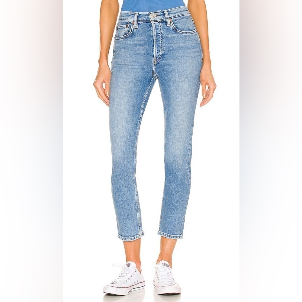 RE/DONE Originals 90s High Rise Ankle Crop Jeans Bright Faded Blue Wash 26